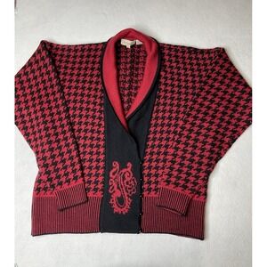 Vintage‎ wool red and black cardigan houndstooth Large Paisley 80's 90's